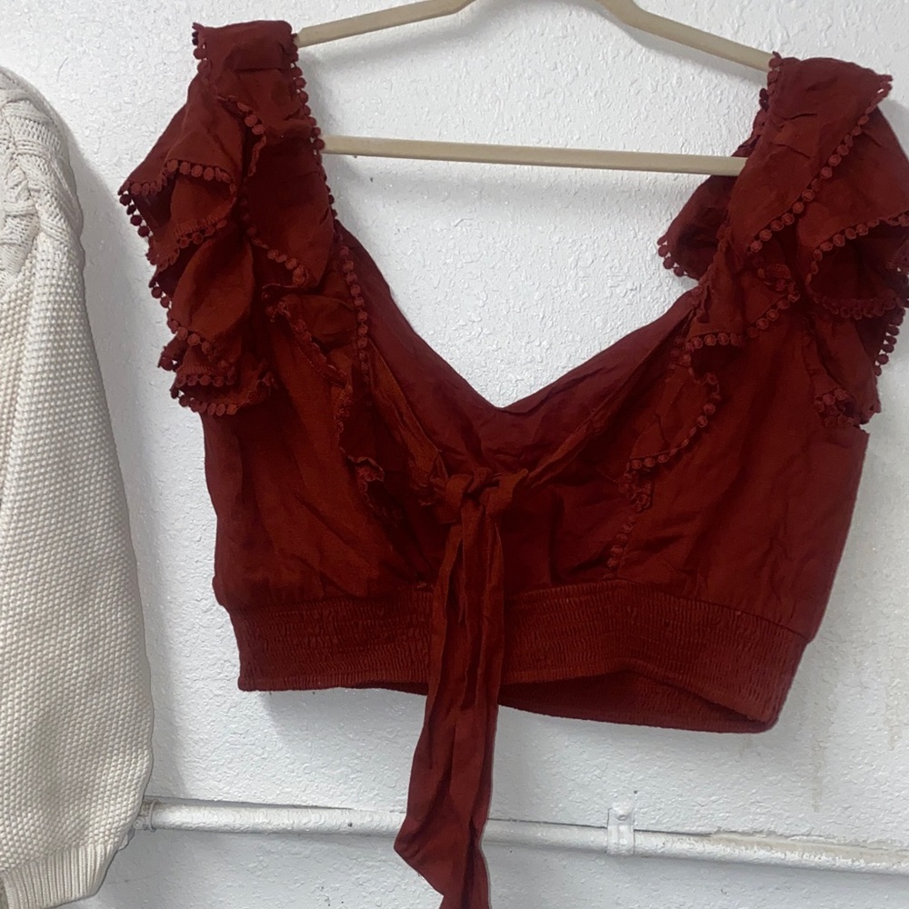 Express - Deep Rust Red - Ruffled Crop Top - Picture 7 of 7